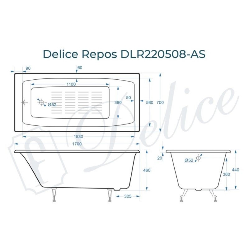 Ванна чугунная Delice Repos DLR220508-AS, 170 x 70 см, антискользящее покрытие, без ручек, цвет белый