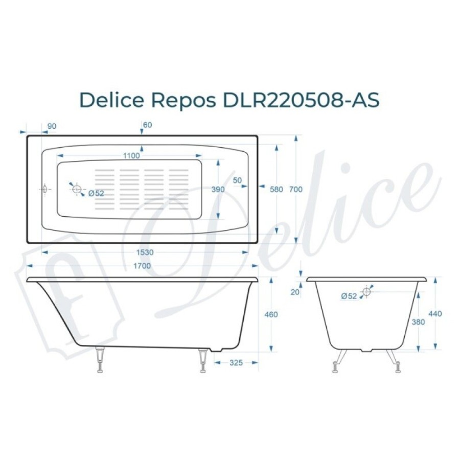 Ванна чугунная Delice Repos DLR220508-AS, 170 x 70 см, антискользящее покрытие, без ручек, цвет белый