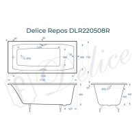 Ванна чугунная Delice Repos DLR220508R, 170 x 70 см, без покрытия, с ручками хром, цвет белый