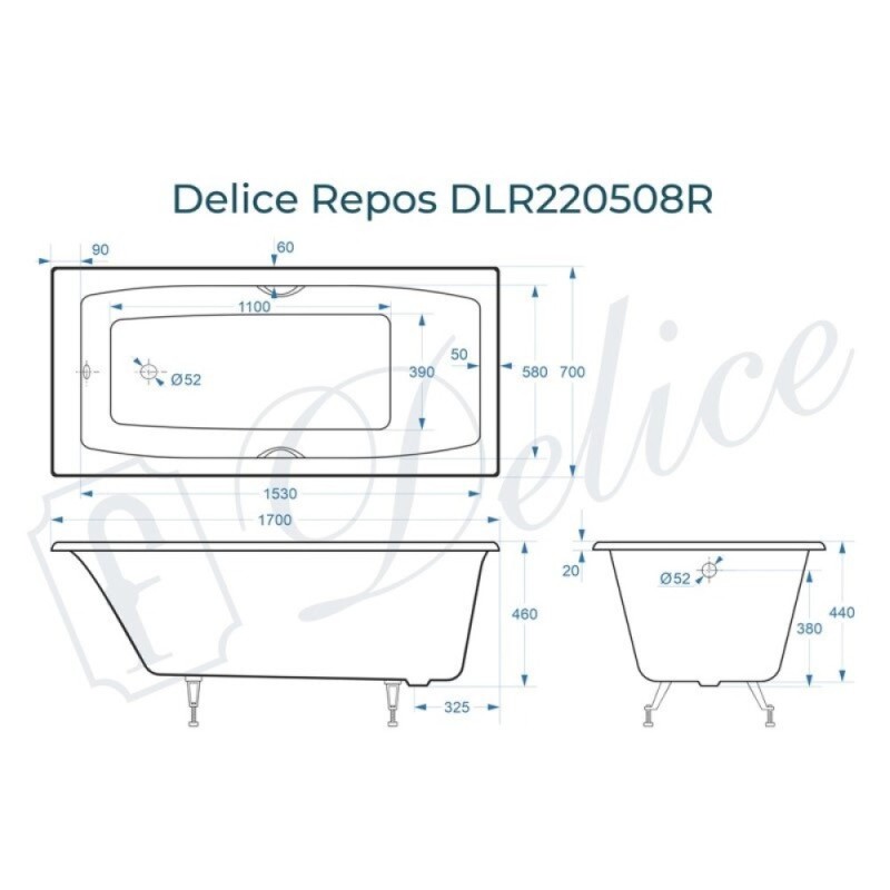Ванна чугунная Delice Repos DLR220508R, 170 x 70 см, без покрытия, с ручками хром, цвет белый