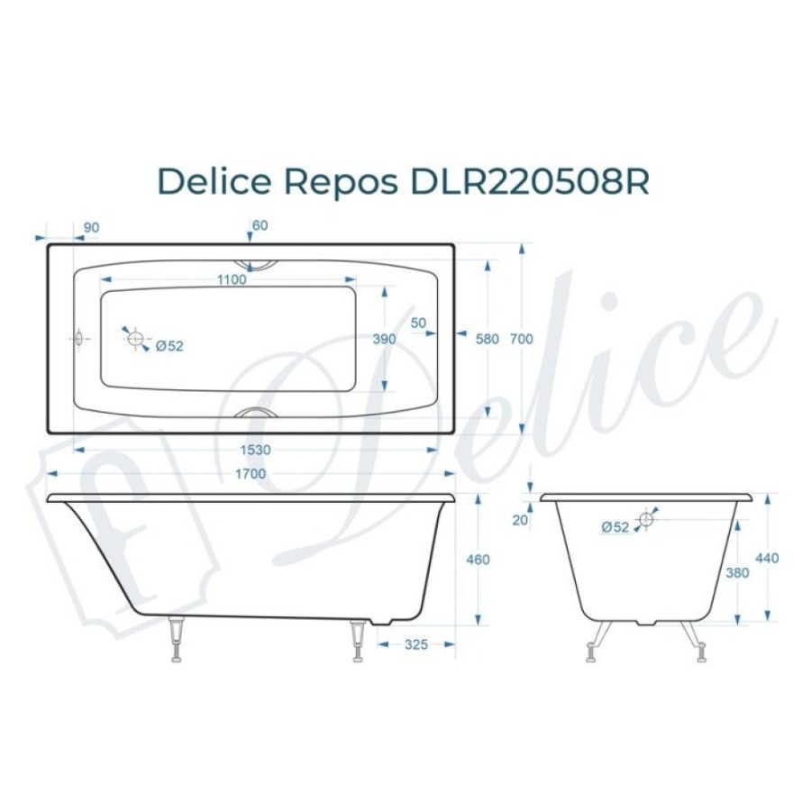 Ванна чугунная Delice Repos DLR220508R, 170 x 70 см, без покрытия, с ручками хром, цвет белый
