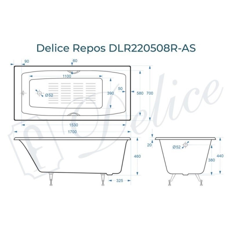 Ванна чугунная Delice Repos DLR220508R-AS, 170 x 70 см, антискользящее покрытие, с ручками хром, цвет белый