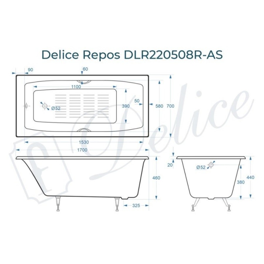 Ванна чугунная Delice Repos DLR220508R-AS, 170 x 70 см, антискользящее покрытие, с ручками хром, цвет белый