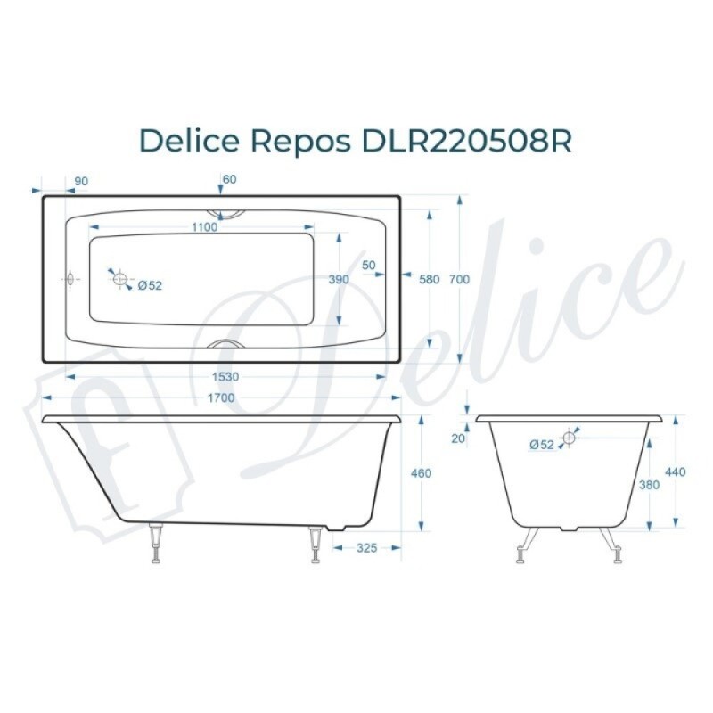 Ванна чугунная Delice Repos DLR220508RB, 170 х 70 см, без покрытия, ручки черные матовые, цвет белый
