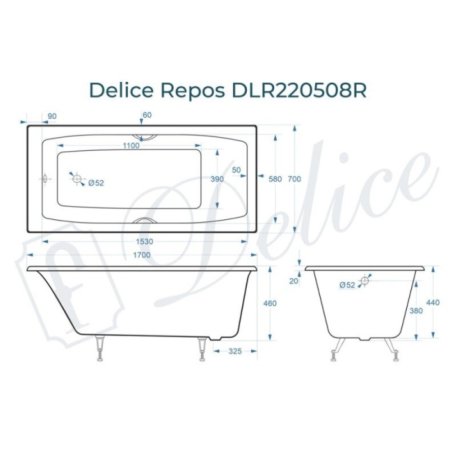 Ванна чугунная Delice Repos DLR220508RB, 170 х 70 см, без покрытия, ручки черные матовые, цвет белый