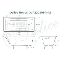 Ванна чугунная Delice Repos DLR220508RB-AS, 170 х 70 см, антискользящее покрытие, ручки черные матовые, цвет белый