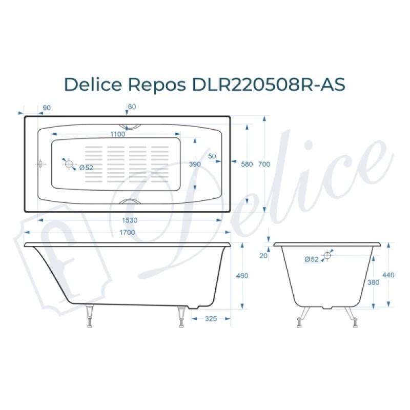 Ванна чугунная Delice Repos DLR220508RB-AS, 170 х 70 см, антискользящее покрытие, ручки черные матовые, цвет белый
