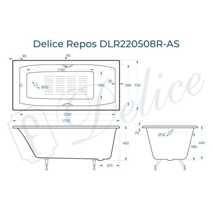 Ванна чугунная Delice Repos DLR220508RB-AS, 170 х 70 см, антискользящее покрытие, ручки черные матовые, цвет белый