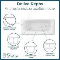 Ванна чугунная Delice Repos DLR220508RB-AS, 170 х 70 см, антискользящее покрытие, ручки черные матовые, цвет белый