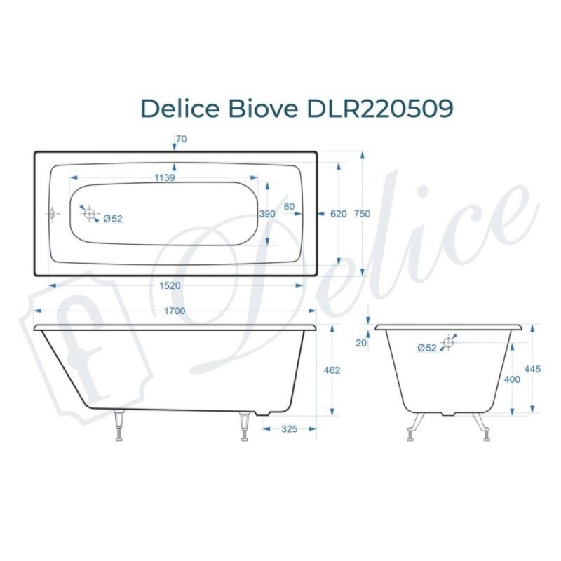 Ванна чугунная Delice Biove DLR220509, 170 x 75 см, без покрытия, без ручек, цвет белый