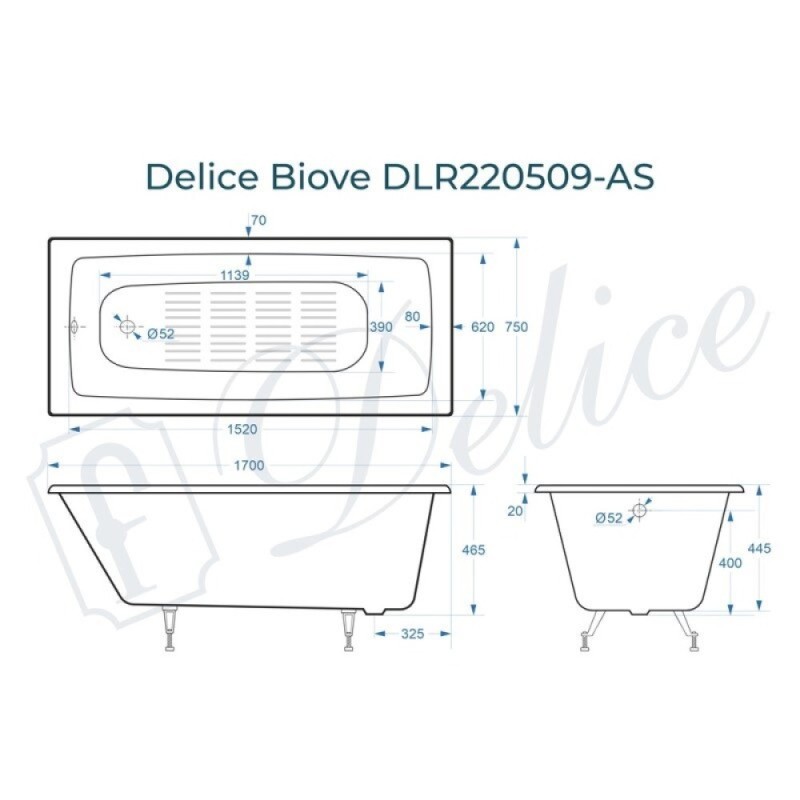 Ванна чугунная Delice Biove DLR220509-AS, 170 x 75 см, антискользящее покрытие, без ручек, цвет белый