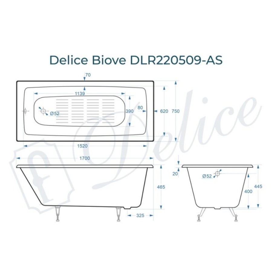 Ванна чугунная Delice Biove DLR220509-AS, 170 x 75 см, антискользящее покрытие, без ручек, цвет белый