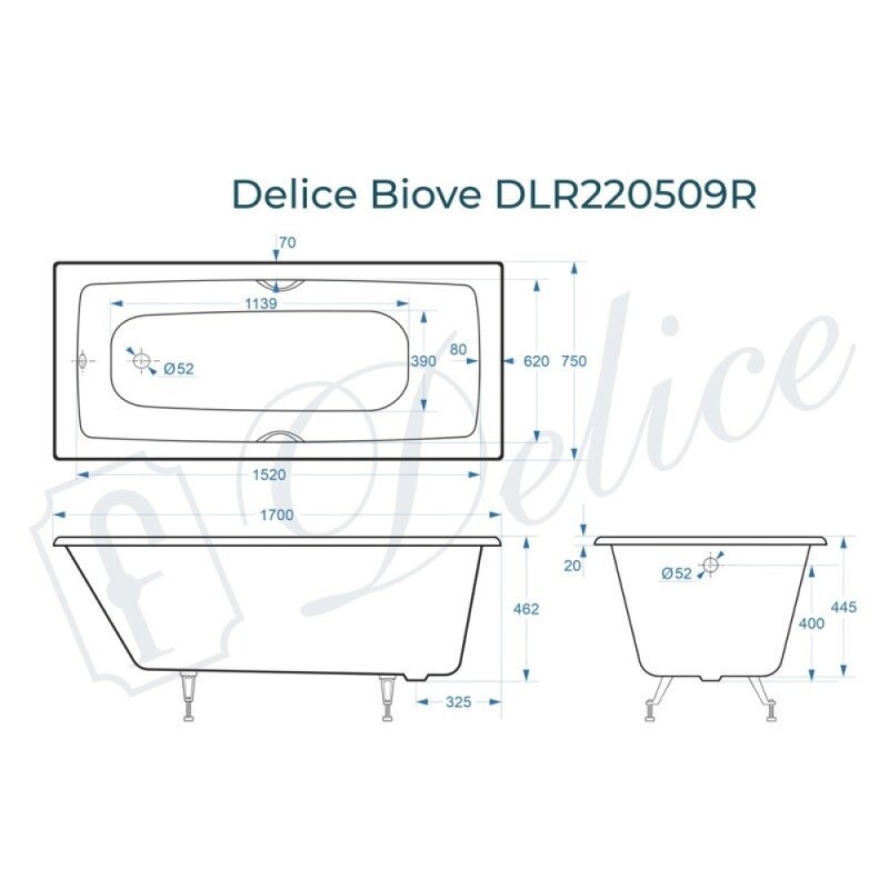 Ванна чугунная Delice Biove DLR220509R, 170 x 75 см, без покрытия, с ручками хром, цвет белый