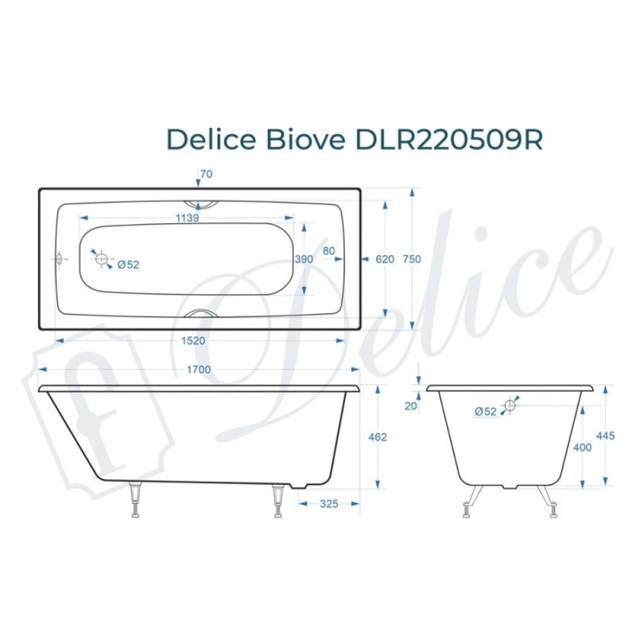 Ванна чугунная Delice Biove DLR220509R, 170 x 75 см, без покрытия, с ручками хром, цвет белый