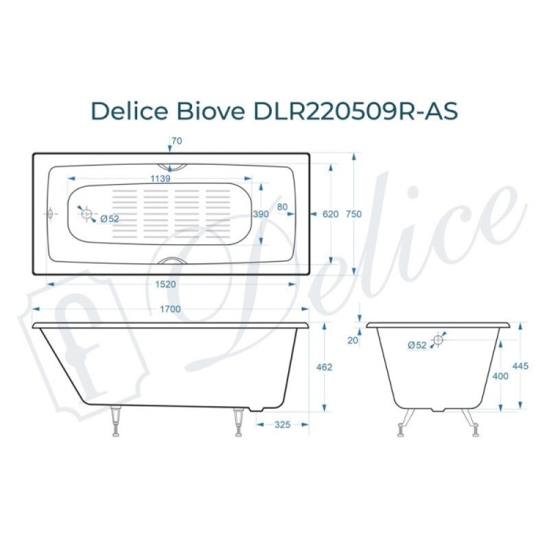 Ванна чугунная Delice Biove DLR220509R-AS, 170 x 75 см, антискользящее покрытие, с ручками хром, цвет белый