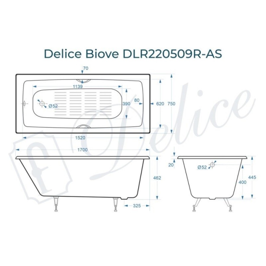 Ванна чугунная Delice Biove DLR220509R-AS, 170 x 75 см, антискользящее покрытие, с ручками хром, цвет белый