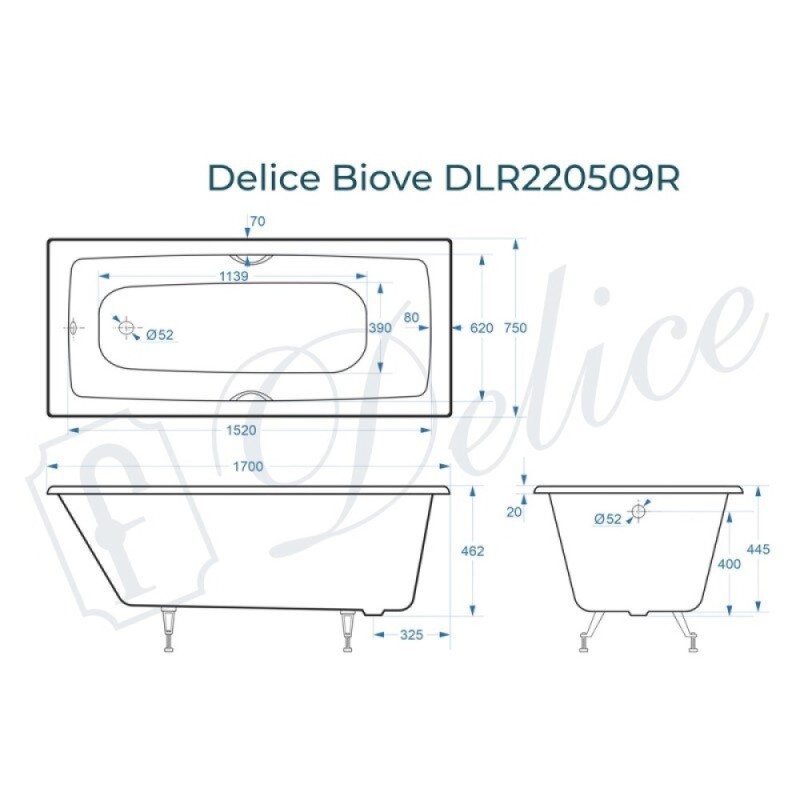 Ванна чугунная Delice Biove DLR220509RB, 170 x 75 см, без покрытия, с черными матовыми ручками, цвет белый