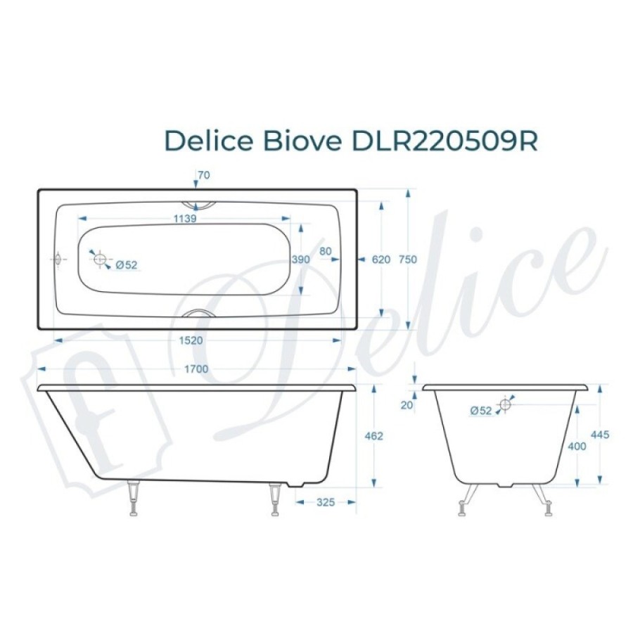 Ванна чугунная Delice Biove DLR220509RB, 170 x 75 см, без покрытия, с черными матовыми ручками, цвет белый