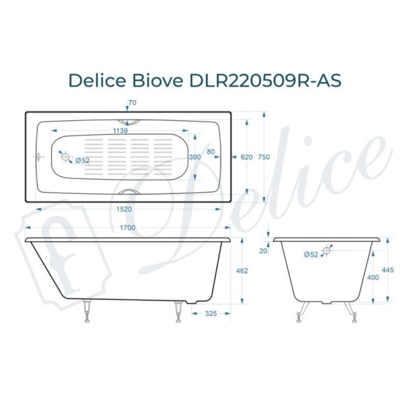 Ванна чугунная Delice Biove DLR220509RB-AS, 170 x 75 см, антискользящее покрытие, ручки черные матовые, цвет белый