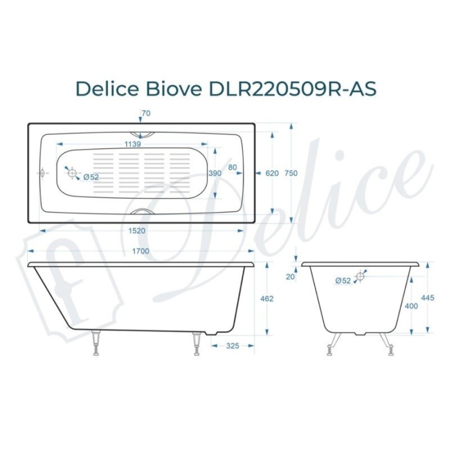 Ванна чугунная Delice Biove DLR220509RB-AS, 170 x 75 см, антискользящее покрытие, ручки черные матовые, цвет белый