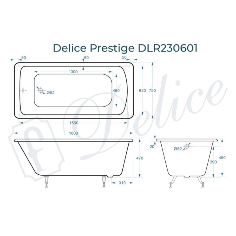 Ванна чугунная Delice Prestige DLR230601, 180 х 75 см, без покрытия, без ручек, цвет белый