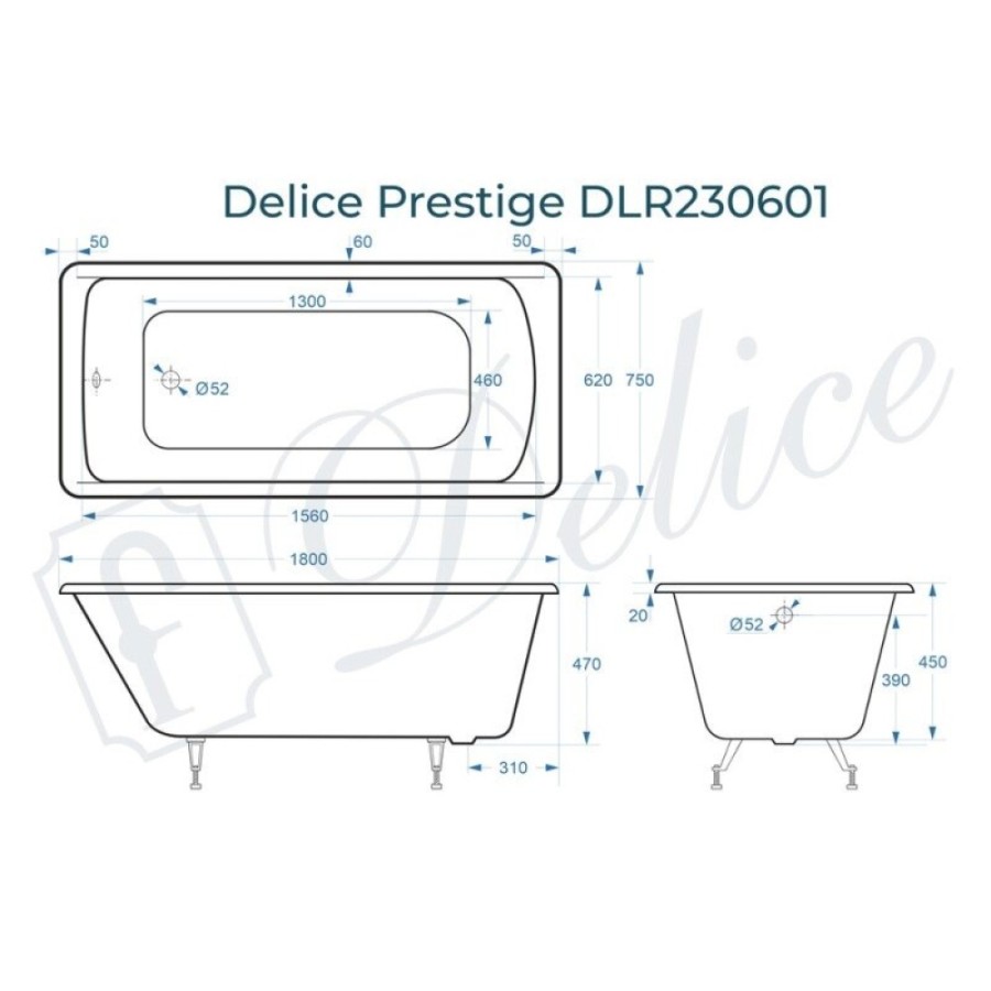 Ванна чугунная Delice Prestige DLR230601, 180 х 75 см, без покрытия, без ручек, цвет белый