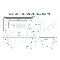 Ванна чугунная Delice Prestige DLR230601-AS, 180 х 75 см, антискользящее покрытие, без ручек, цвет белый
