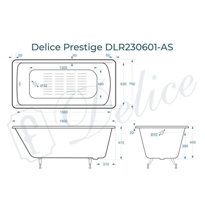 Ванна чугунная Delice Prestige DLR230601-AS, 180 х 75 см, антискользящее покрытие, без ручек, цвет белый