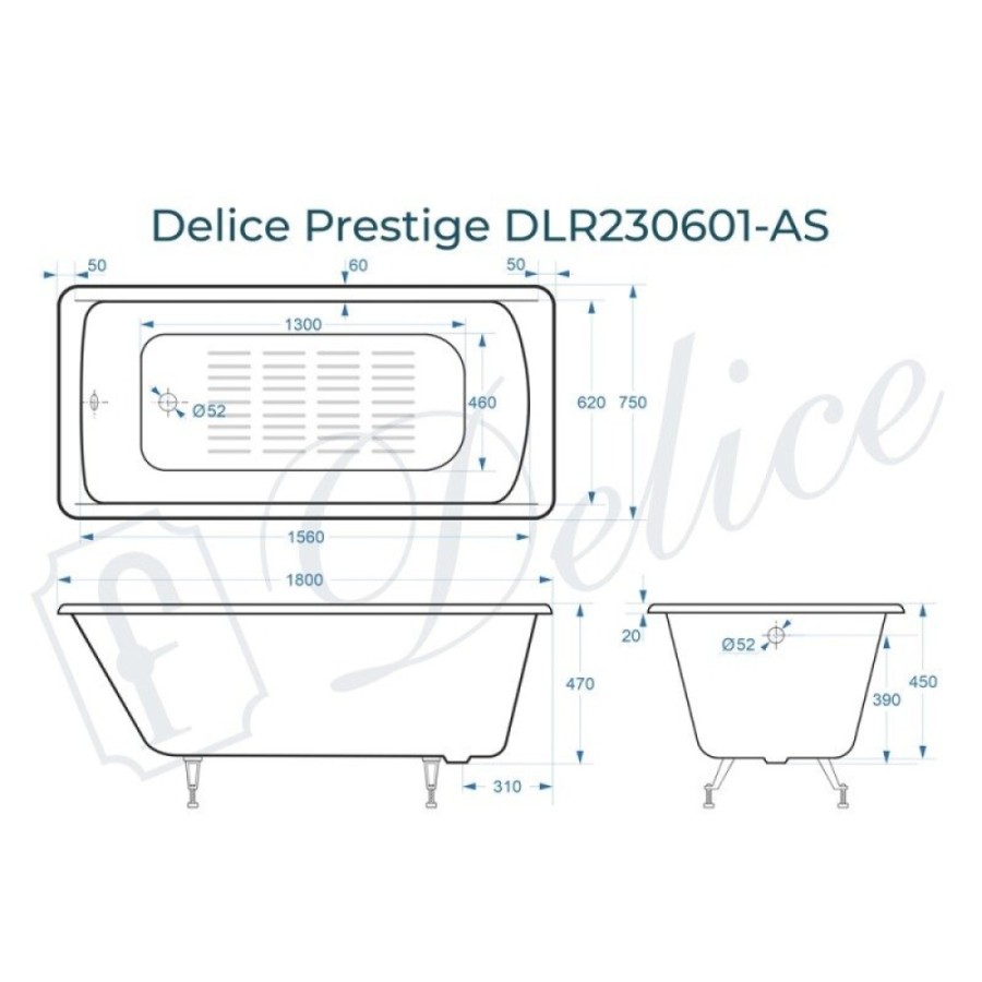 Ванна чугунная Delice Prestige DLR230601-AS, 180 х 75 см, антискользящее покрытие, без ручек, цвет белый