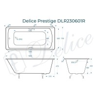 Ванна чугунная Delice Prestige DLR230601R, 180 х 75 см, без покрытия, с отверстиями под ручки, без ручек, цвет белый