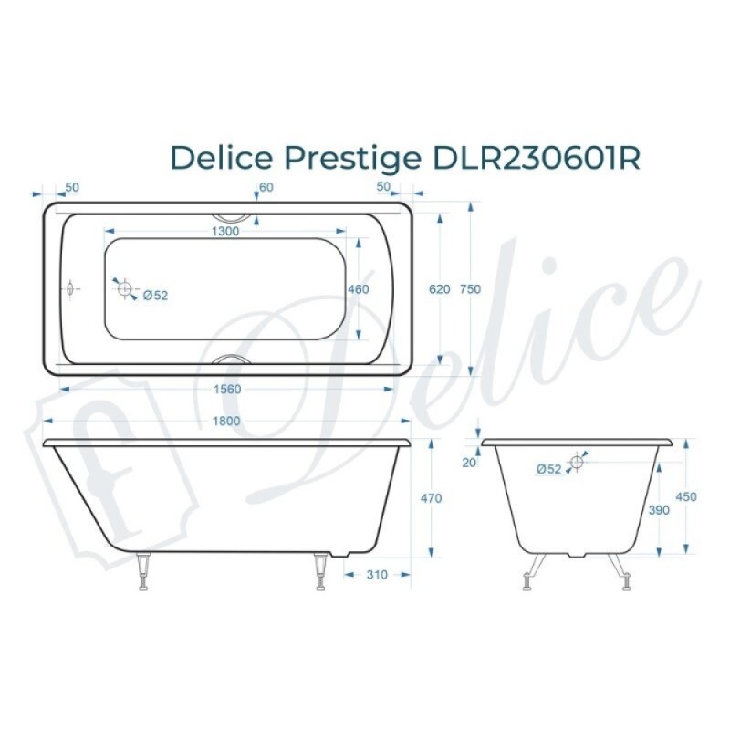 Ванна чугунная Delice Prestige DLR230601R, 180 х 75 см, без покрытия, с отверстиями под ручки, без ручек, цвет белый