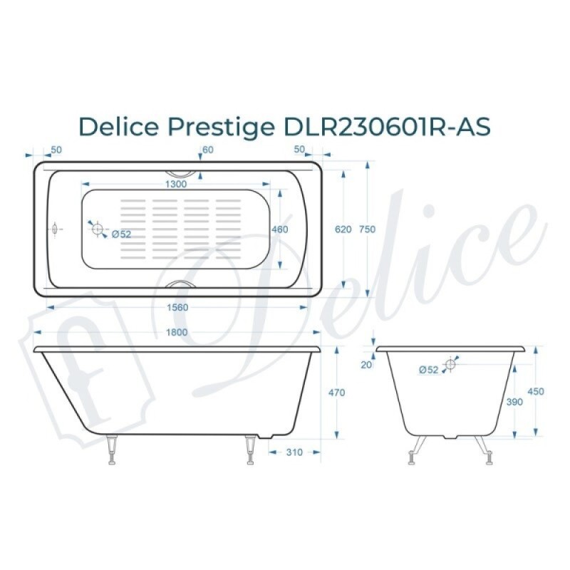 Ванна чугунная Delice Prestige DLR230601R-AS, 180 х 75 см, антискользящее покрытие, с отверстиями под ручки, без ручек, цвет белый