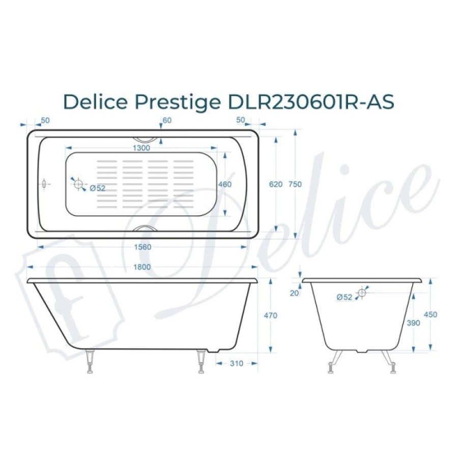 Ванна чугунная Delice Prestige DLR230601R-AS, 180 х 75 см, антискользящее покрытие, с отверстиями под ручки, без ручек, цвет белый