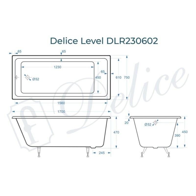Ванна чугунная Delice Level DLR230602, 170 х 75 см, без покрытия, без ручек, цвет белый