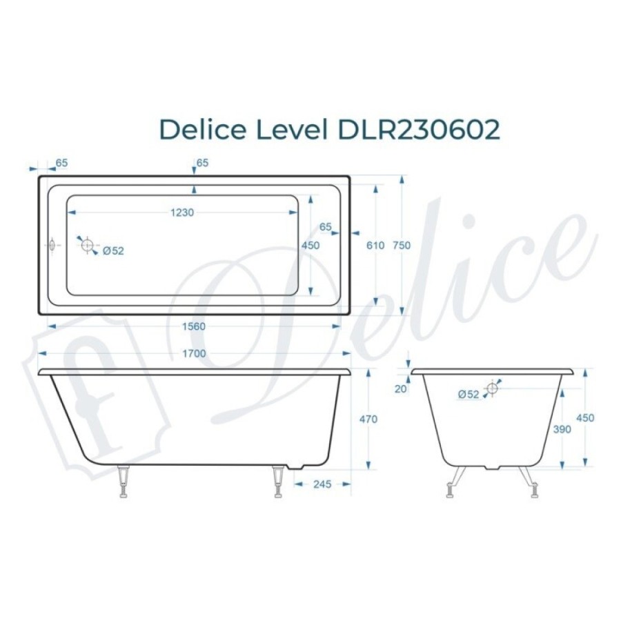 Ванна чугунная Delice Level DLR230602, 170 х 75 см, без покрытия, без ручек, цвет белый