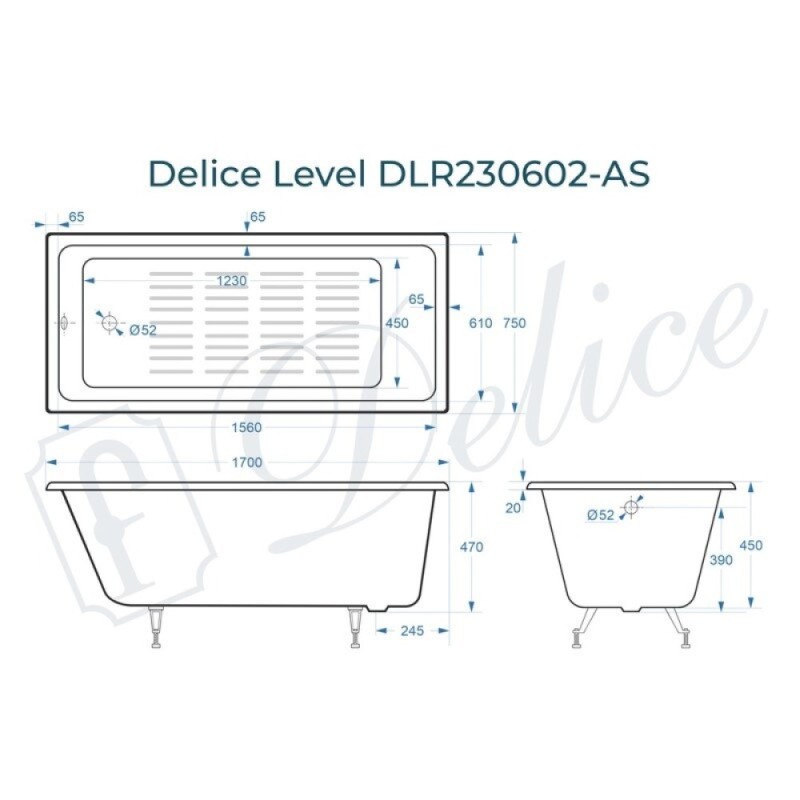 Ванна чугунная Delice Level DLR230602-AS, 170 х 75 см, антискользящее покрытие, без ручек, цвет белый