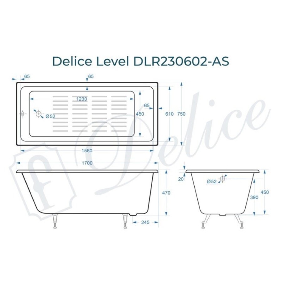 Ванна чугунная Delice Level DLR230602-AS, 170 х 75 см, антискользящее покрытие, без ручек, цвет белый