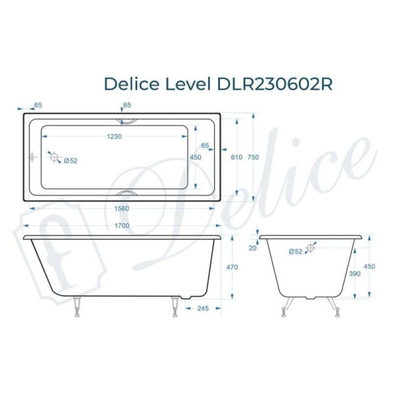 Ванна чугунная Delice Level DLR230602R, 170 х 75 см, без покрытия, с отверстиями под ручки, без ручек, цвет белый