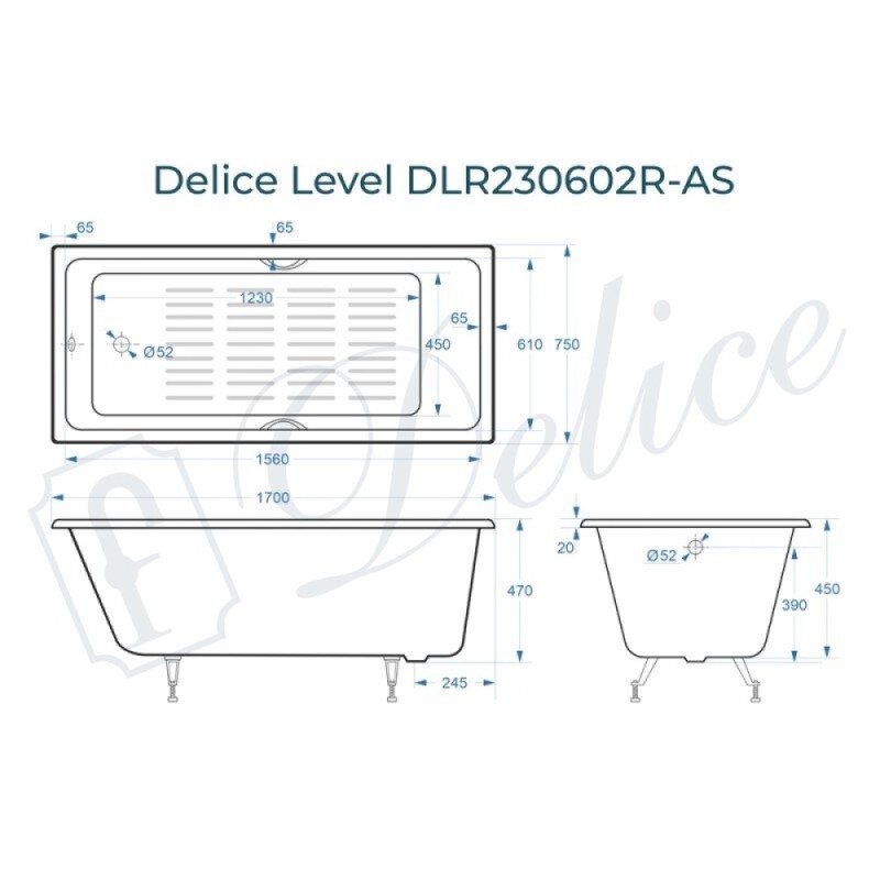 Ванна чугунная Delice Level DLR230602R-AS, 170 х 75 см, антискользящее покрытие, с отверстиями под ручки, без ручек, цвет белый