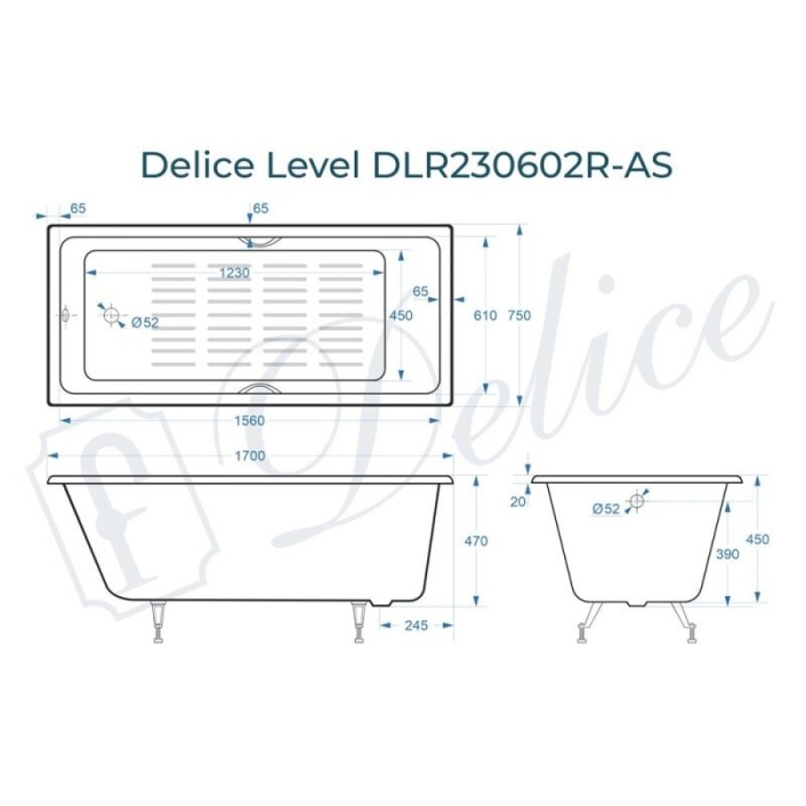 Ванна чугунная Delice Level DLR230602R-AS, 170 х 75 см, антискользящее покрытие, с отверстиями под ручки, без ручек, цвет белый
