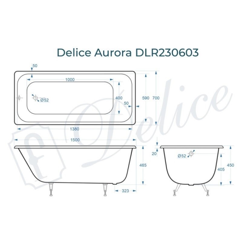 Ванна чугунная Delice Aurora DLR230603, 150 х 70 см, без покрытия, без ручек, цвет белый