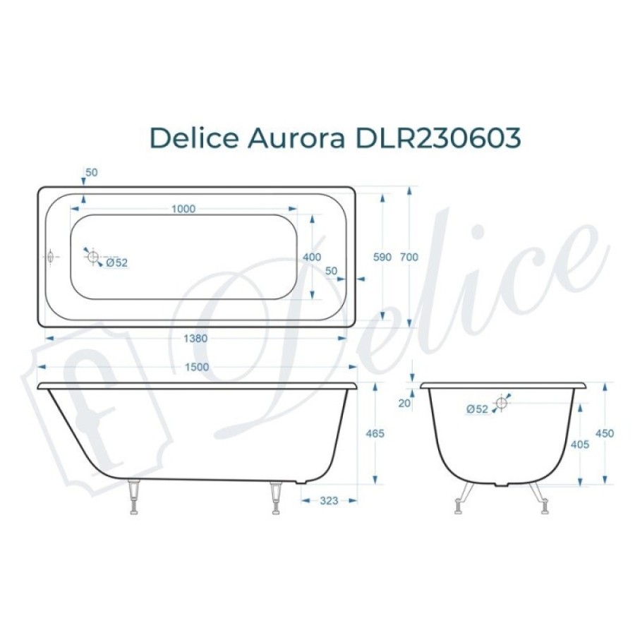 Ванна чугунная Delice Aurora DLR230603, 150 х 70 см, без покрытия, без ручек, цвет белый