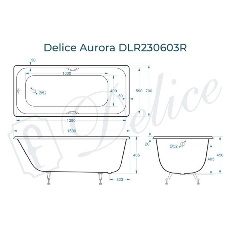 Ванна чугунная Delice Aurora DLR230603R, 150 х 70 см, без покрытия, с отверстиями под ручки, без ручек, цвет белый