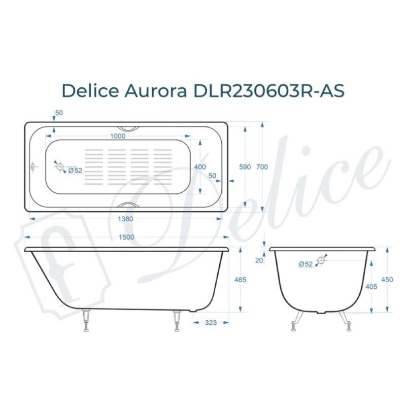 Ванна чугунная Delice Aurora DLR230603R-AS, 150 х 70 см, антискользящее покрытие, с отверстиями под ручки, без ручек, цвет белый