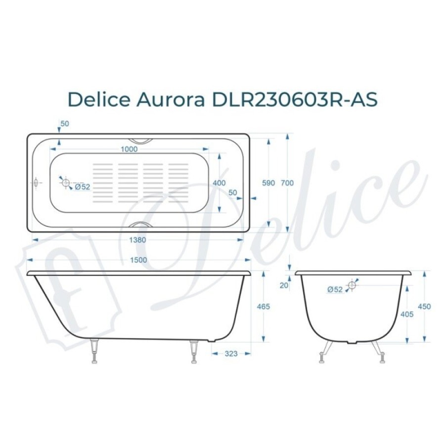 Ванна чугунная Delice Aurora DLR230603R-AS, 150 х 70 см, антискользящее покрытие, с отверстиями под ручки, без ручек, цвет белый