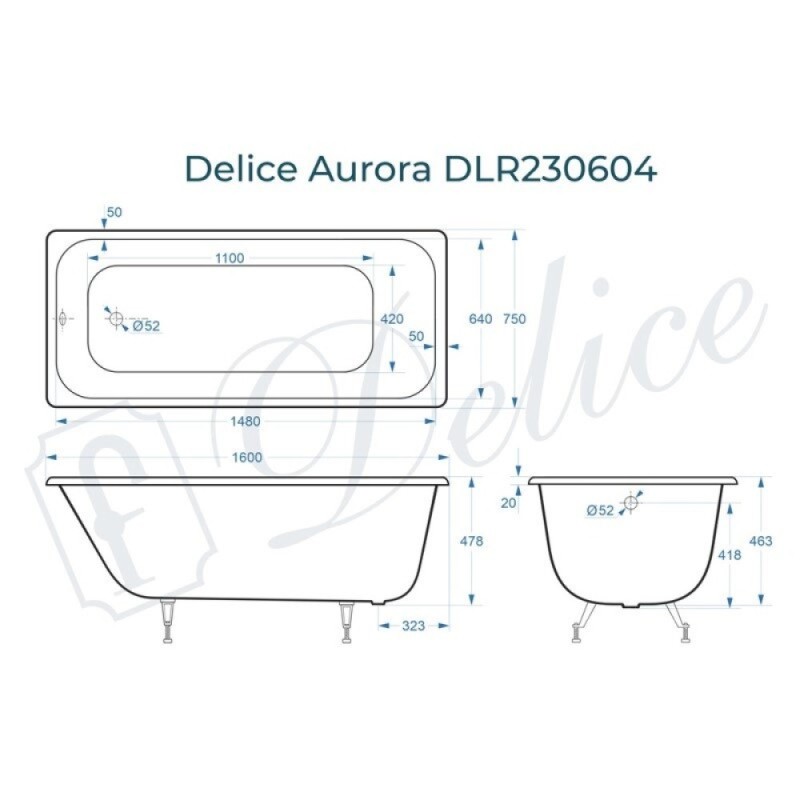 Ванна чугунная Delice Aurora DLR230604, 160 х 75 см, без покрытия, без ручек, цвет белый