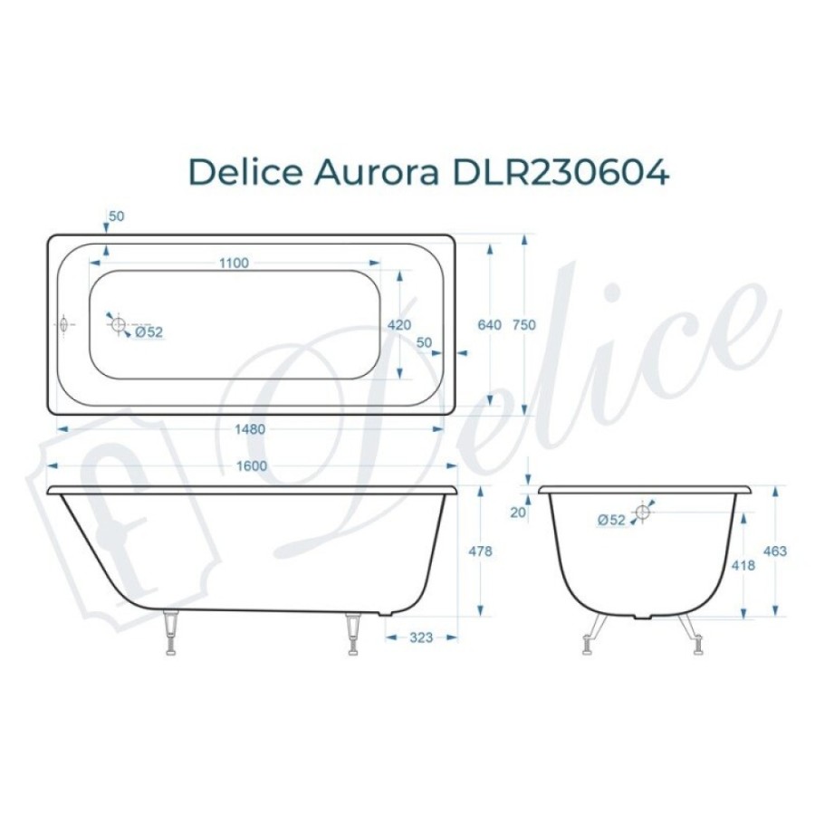 Ванна чугунная Delice Aurora DLR230604, 160 х 75 см, без покрытия, без ручек, цвет белый