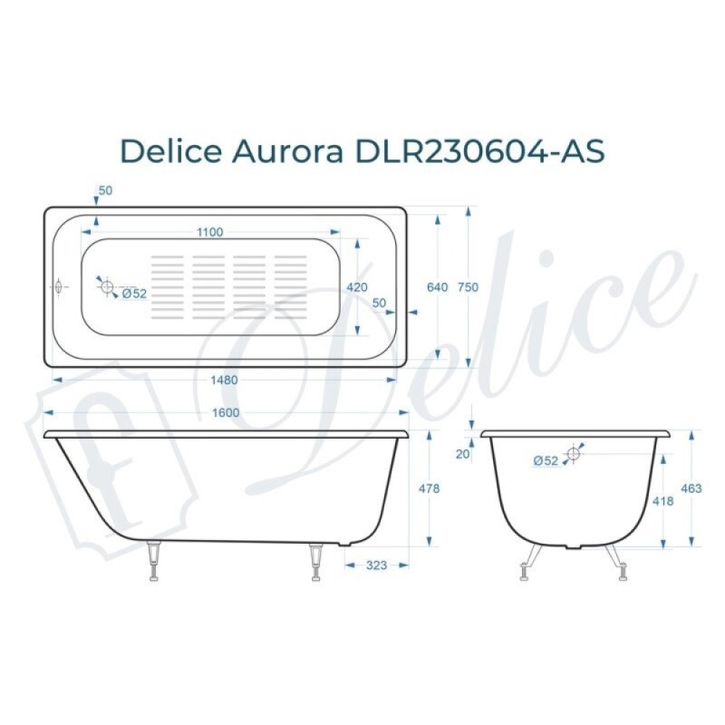 Ванна чугунная Delice Aurora DLR230604-AS, 160 х 75 см, антискользящее покрытие, без ручек, цвет белый