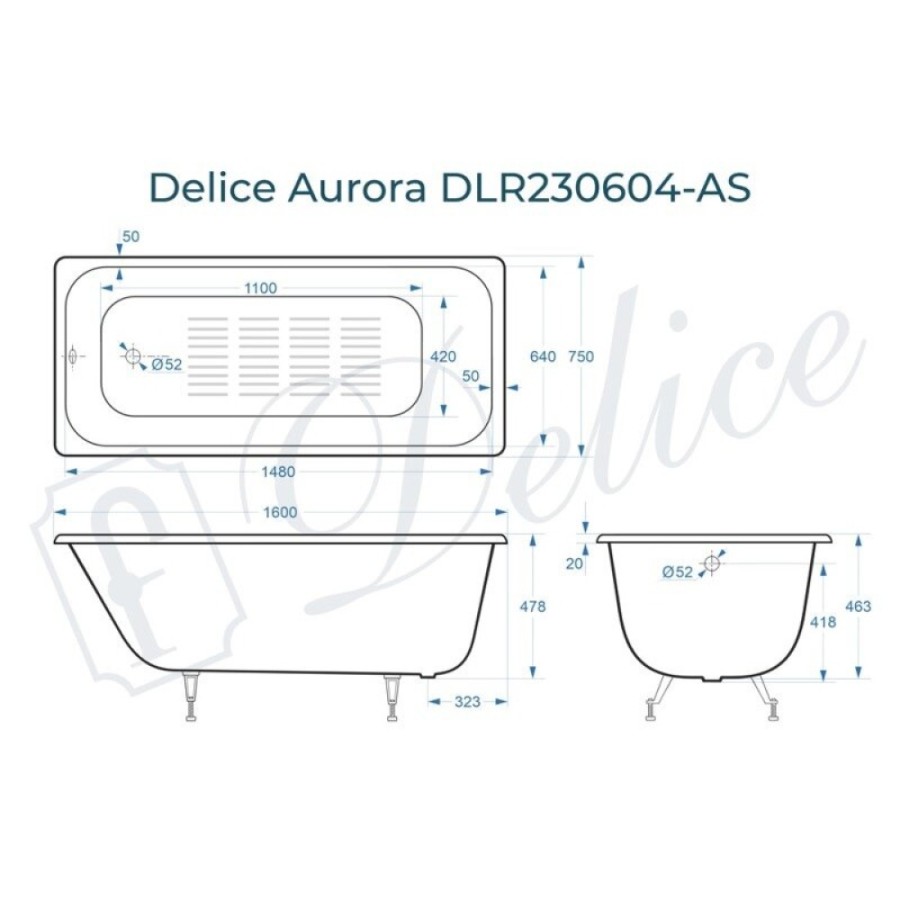 Ванна чугунная Delice Aurora DLR230604-AS, 160 х 75 см, антискользящее покрытие, без ручек, цвет белый