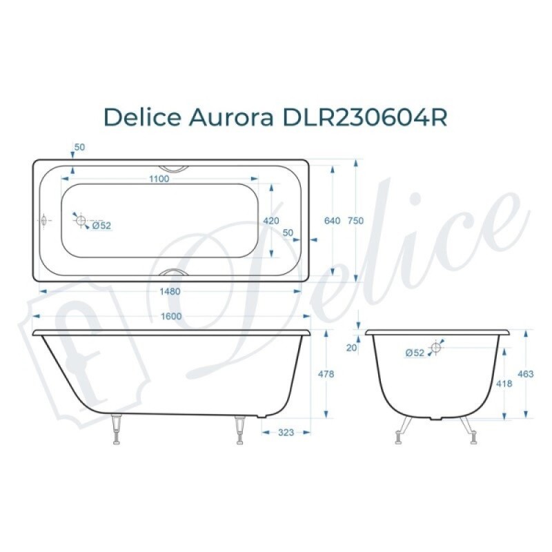 Ванна чугунная Delice Aurora DLR230604R, 160 х 75 см, без покрытия, с отверстиями под ручки, без ручек, цвет белый